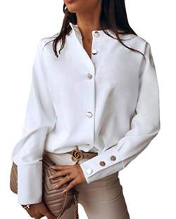 Onsoyours Damen Bluse Shirt Langarm Hemd Tops Oberteile Frauen Hemdbluse Elegant T-Shirt Lässige Mode Button V-Ausschnitt Einfarbig Weiß 48 von Onsoyours