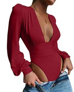 Onsoyours Damen Bodys Elegant Wrap Bodies Tiefem V-Ausschnitt Mesh-Langarm Bodysuit Tops mit Laternenärmeln Einfarbig Oberteil Langarmshirt A Weinrot M von Onsoyours