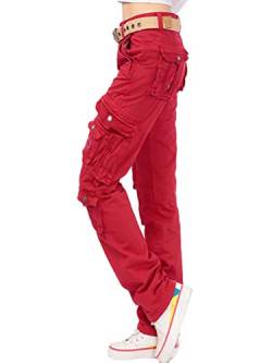 Onsoyours Damen Cargo Hosen Multi Taschen Mode Jogginghose Loose Sporthose High Waist Bequem Gerade Freizeithose Einfarbig Outdoorhose Arbeitshose Rot Medium von Onsoyours