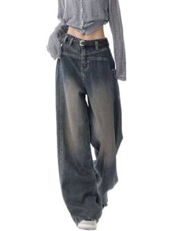 Onsoyours Damen Cargohose Baggy High Waist Cargo Jeans Gerade Breites Bein Denim Hosen Y2k Aesthetic Vintage Jeanshosen 90er Streetwear Jeanshose Straight Leg Boyfriend Jeans A3 Blau L von Onsoyours