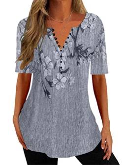 Onsoyours Damen Casual T-Shirt 3/4 Arm V-Ausschnitt Knopfleiste Bluse Longshirt Elegant Blumen Tunika Oberteile Top Hemd Sommer Frühling G Grau L von Onsoyours