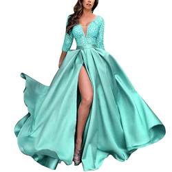 Onsoyours Damen Cocktailkleid Spitze Off Shoulder Plissee Kurzarm Schlitz Elegante Maxikleid Partykleid Abendkleid B Hellblau 3XL von Onsoyours