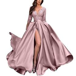 Onsoyours Damen Cocktailkleid Spitze Off Shoulder Plissee Kurzarm Schlitz Elegante Maxikleid Partykleid Abendkleid B Rosa S von Onsoyours