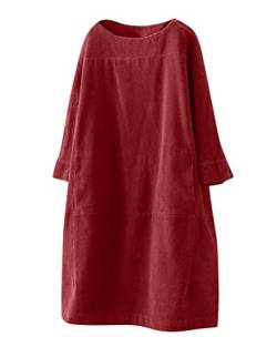 Onsoyours Damen Corduroy Tunika Kleider Rundhals Langarm Longshirt Oversize Pullover Lange Cordkleid Tshirt Kleider mit Taschen Rot 3XL von Onsoyours