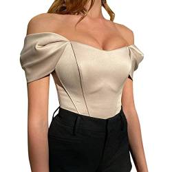 Onsoyours Damen Corset Tops Y2K Sexy Off Shoulder Schulterfrei Trägerlos Crop Top Bandeau Korsett Oberteile Push Up Bustier Clubwear Streetwear A Aprikose L von Onsoyours