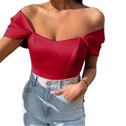 Onsoyours Damen Corset Tops Y2K Sexy Off Shoulder Schulterfrei Trägerlos Crop Top Bandeau Korsett Oberteile Push Up Bustier Clubwear Streetwear A Rot XS von Onsoyours