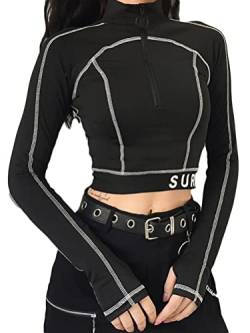 Onsoyours Damen Crop Tops Sexy Bauchfrei Langarm V-Ausschnitt T-Shirt Oberteil Slim Fit Tops Pullover Reißverschluss A32 Schwarz M von Onsoyours