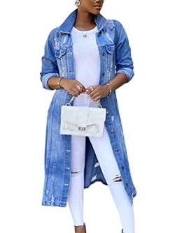 Onsoyours Damen Denim Jacke Einreiher Zerrissene Übergangsjacke Mantel Outwear Trenchcoat Lange Oversize Jeansjacke Jacken A Blau 3XL von Onsoyours