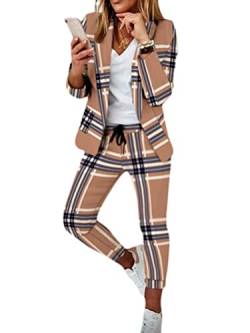 Onsoyours Damen Elegant Business Anzug Set Hosenanzug Blazer Hose 2-teilig Anzug Karo Kariert Zweiteiler Slimfit Streetwear (L, A Gelb) von Onsoyours
