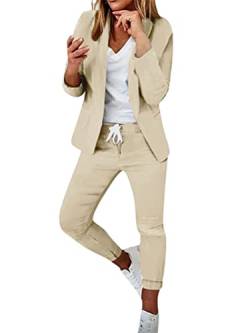 Onsoyours Damen Elegant Business Anzug Set Hosenanzug Blazer Hose 2-teilig Anzug Karo Kariert Zweiteiler Slimfit Streetwear A Aprikose M von Onsoyours