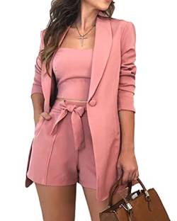 Onsoyours Damen Elegant Langarm Blazer Sakko Einfarbig Revers Jacke Business One Button Top 3 Stück Mantel Shorts Anzugsets für Frühling Sommer Rosa M von Onsoyours