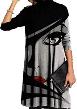 Onsoyours Damen Elegant Langarm Blumen Kleider Knielang Einfarbige Rollkragen Winterkleid Longshirt Causual Lose Midikleid Tunika Kleid Herbst Grau D XL von Onsoyours