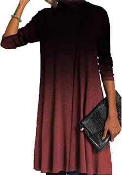 Onsoyours Damen Elegant Langarm Blumen Kleider Knielang Einfarbige Rollkragen Winterkleid Longshirt Causual Lose Midikleid Tunika Kleid Herbst Rot A L von Onsoyours