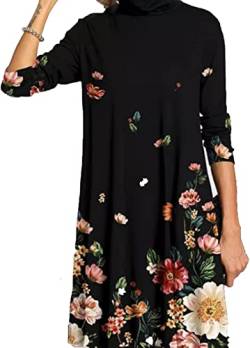 Onsoyours Damen Elegant Langarm Blumen Kleider Knielang Einfarbige Rollkragen Winterkleid Longshirt Causual Lose Midikleid Tunika Kleid Herbst Schwarz B 3XL von Onsoyours