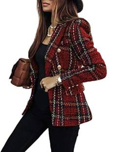 Onsoyours Damen Elegant Langarm Plaid Blazer Sakko Einfarbig Slim Fit Revers Geschäft Büro Jacke Kurz Mantel Anzüge Bolero Mit Knopfleiste A Rot S von Onsoyours