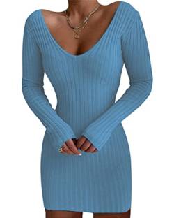 Onsoyours Damen Elegante Pullover V-Ausschnitt Stricken Pulloverkleid Langarm Strickpullover Kleider A Hellblau L von Onsoyours