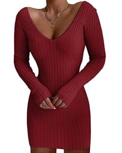 Onsoyours Damen Elegante Pullover V-Ausschnitt Stricken Pulloverkleid Langarm Strickpullover Kleider A Rot L von Onsoyours