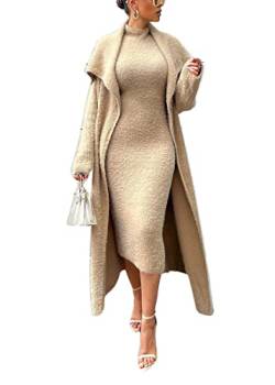 Onsoyours Damen Fleece Kleid Set Cardigan und Ärmellos Midikleid Herbst Winter 2 Teiliges Sweater Cardigan Mit Gürtel Samt Kleider Pullikleid Elegante Party Outfits A Khaki XS von Onsoyours