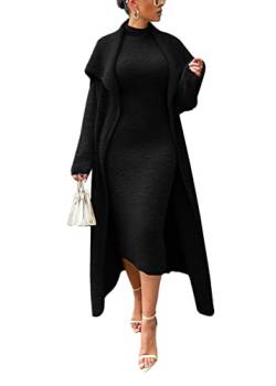 Onsoyours Damen Fleece Kleid Set Cardigan und Ärmellos Midikleid Herbst Winter 2 Teiliges Sweater Cardigan Mit Gürtel Samt Kleider Pullikleid Elegante Party Outfits A Schwarz XL von Onsoyours