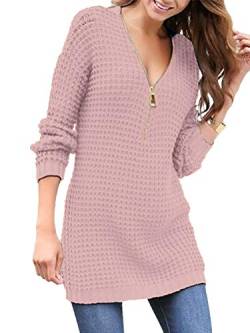 Onsoyours Damen Freizeitkleid V Ausschnitt Strickpullover Elegante Pullover Lose Minikleid mit Reißverschluss Rosa 48 von Onsoyours