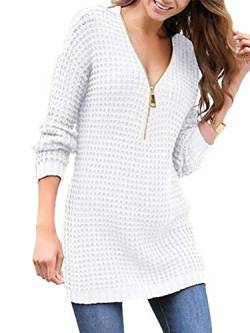 Onsoyours Damen Freizeitkleid V Ausschnitt Strickpullover Elegante Pullover Lose Minikleid mit Reißverschluss Weiß 44 von Onsoyours