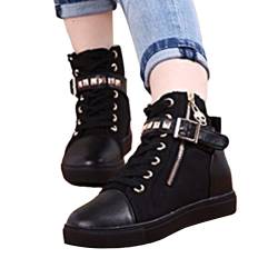 Onsoyours Damen Frühjahr und Herbst Sneaker High Top Schuhe Elegant Absatz Freizeitschuhe Flache Runde Spitze Bequem Schnür Nieten Canvas Schuhe A Schwarz 40 EU von Onsoyours