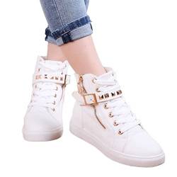 Onsoyours Damen Frühjahr und Herbst Sneaker High Top Schuhe Elegant Absatz Freizeitschuhe Flache Runde Spitze Bequem Schnür Nieten Canvas Schuhe A Weiß 38 EU von Onsoyours