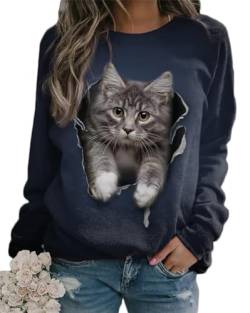 Onsoyours Damen Frühling Herbst Rundhals Lange Ärmel Pullover Sweatshirt 3D Katze Gedruckt Pulli Sweater Tops Bluse Oberteile A Stil-1 L von Onsoyours