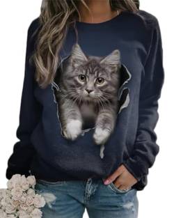 Onsoyours Damen Frühling Herbst Rundhals Lange Ärmel Pullover Sweatshirt 3D Katze Gedruckt Pulli Sweater Tops Bluse Oberteile A Stil-1 XL von Onsoyours