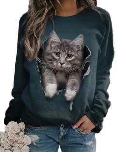 Onsoyours Damen Frühling Herbst Rundhals Lange Ärmel Pullover Sweatshirt 3D Katze Gedruckt Pulli Sweater Tops Bluse Oberteile A Stil-2 L von Onsoyours