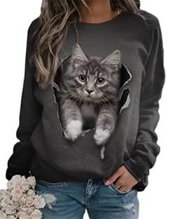Onsoyours Damen Frühling Herbst Rundhals Lange Ärmel Pullover Sweatshirt 3D Katze Gedruckt Pulli Sweater Tops Bluse Oberteile A Stil-5 XS von Onsoyours