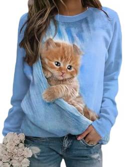 Onsoyours Damen Frühling Herbst Rundhals Lange Ärmel Pullover Sweatshirt 3D Katze Gedruckt Pulli Sweater Tops Bluse Oberteile D Blau L von Onsoyours