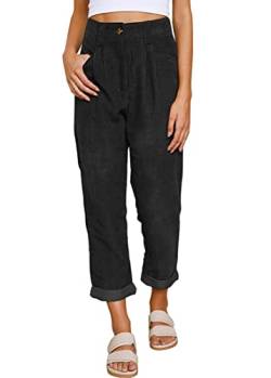 Onsoyours Damen Gerade Geschnittene Cordhose Elastische Taille Corduroy Hose Solid Damen Hohe Taille Wide Leg Pants Straight Casual Baggy Hose mit Taschen Schwarz XS von Onsoyours