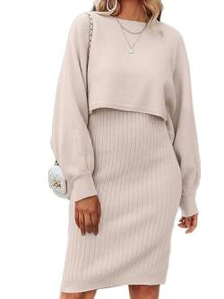 Onsoyours Damen Gestrickt Kleid Set Oberteil Pullover Pulli und Kleid Bodycon 2 Teiliges Sweater 3/4 Hülse Strickkleid Pullikleid Minikleid Herbst Winter A Beige L von Onsoyours