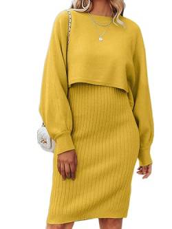 Onsoyours Damen Gestrickt Kleid Set Oberteil Pullover Pulli und Kleid Bodycon 2 Teiliges Sweater 3/4 Hülse Strickkleid Pullikleid Minikleid Herbst Winter A Gelb S von Onsoyours