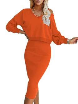 Onsoyours Damen Gestrickt Kleid Set Oberteil Pullover Pulli und Kleid Bodycon 2 Teiliges Sweater Langarm Strickkleid Pullikleid Midikleid Herbst Winter A Orange XS von Onsoyours