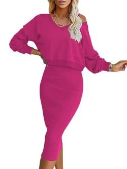 Onsoyours Damen Gestrickt Kleid Set Oberteil Pullover Pulli und Kleid Bodycon 2 Teiliges Sweater Langarm Strickkleid Pullikleid Midikleid Herbst Winter A Rosa XS von Onsoyours