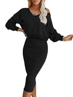 Onsoyours Damen Gestrickt Kleid Set Oberteil Pullover Pulli und Kleid Bodycon 2 Teiliges Sweater Langarm Strickkleid Pullikleid Midikleid Herbst Winter A Schwarz MA von Onsoyours