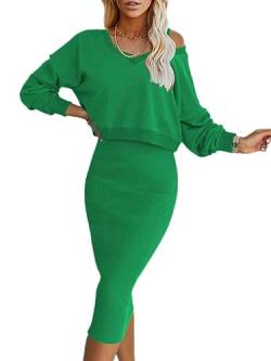 Onsoyours Damen Gestrickt Kleid Set Oberteil Pullover Pulli und Kleid Bodycon 2 Teiliges Sweater Strickkleid Pullikleid Midikleid A Grün M von Onsoyours