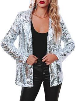 Onsoyours Damen Glänzend Pailletten Jacke Cardigan Langarm Bolero Tops Kurz Oberteile Eleganter Blazer Glitzer Party Outfits Clubwear A Silber S von Onsoyours