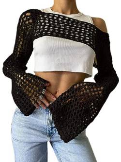 Onsoyours Damen Häkelpullover Y2K Langarm Crop Top Sommer Lose Pullover Cover Up Pullover Streetwear Outfits Langarm Pullover Cropped Jumper Cover Up Pullover Tops A Schwarz L von Onsoyours