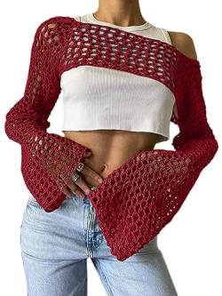 Onsoyours Damen Häkelpullover Y2K Langarm Crop Top Sommer Lose Pullover Cover Up Pullover Streetwear Outfits Langarm Pullover Cropped Jumper Cover Up Pullover Tops A Weinrot L von Onsoyours