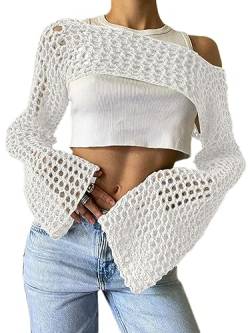 Onsoyours Damen Häkelpullover Y2K Langarm Crop Top Sommer Lose Pullover Cover Up Pullover Streetwear Outfits Langarm Pullover Cropped Jumper Cover Up Pullover Tops A Weiß M von Onsoyours