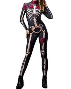 Onsoyours Damen Halloween Karneval Kostüm 3D Skelett Rose Langarm Overall Stehkragen Rücken Zip Outfits Bodycon Ganzkörperanzug Cosplay Bodysuit Mädchen A Schwarz XS von Onsoyours