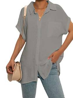 Onsoyours Damen Hemdbluse Kurzarm Sommer Bluse Leinen Shirt T-Shirt Oversize Lose Freizeit Elegant Oberteile Button V-Ausschnitt Einfarbig B Grau 48 von Onsoyours