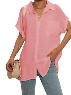 Onsoyours Damen Hemdbluse Kurzarm Sommer Bluse Leinen Shirt T-Shirt Oversize Lose Freizeit Elegant Oberteile Button V-Ausschnitt Einfarbig B Rosa 50 von Onsoyours