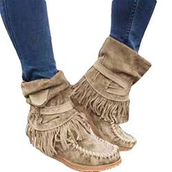 Onsoyours Damen Herbst Winter Flache Wildleder Retro Stiefeletten mit Fransen Casual Short Ankle Boots Schuhe A Khaki 40 EU von Onsoyours