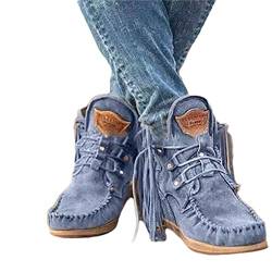 Onsoyours Damen Herbst Winter Flache Wildleder Retro Stiefeletten mit Fransen Casual Short Ankle Boots Schuhe Blau 36 EU von Onsoyours