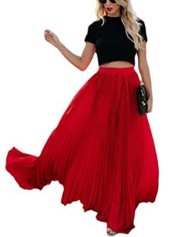 Onsoyours Damen High Waist A-Linie Einfarbig Lang Rock Faltenrock Plisseerock Retro Lässig Rock Elastischer Bund Elegent Midi-Rock A Rot S von Onsoyours