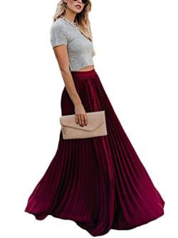 Onsoyours Damen High Waist A-Linie Einfarbig Lang Rock Faltenrock Plisseerock Retro Lässig Rock Elastischer Bund Elegent Midi-Rock A Rotwein S von Onsoyours